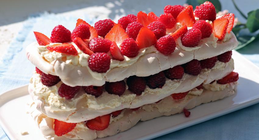 Layered pavlova with strawberries and raspberries