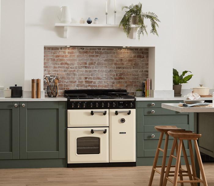 Falcon Classic Deluxe 90 Dual Fuel, Pale Cream/Chrome in green kitchen